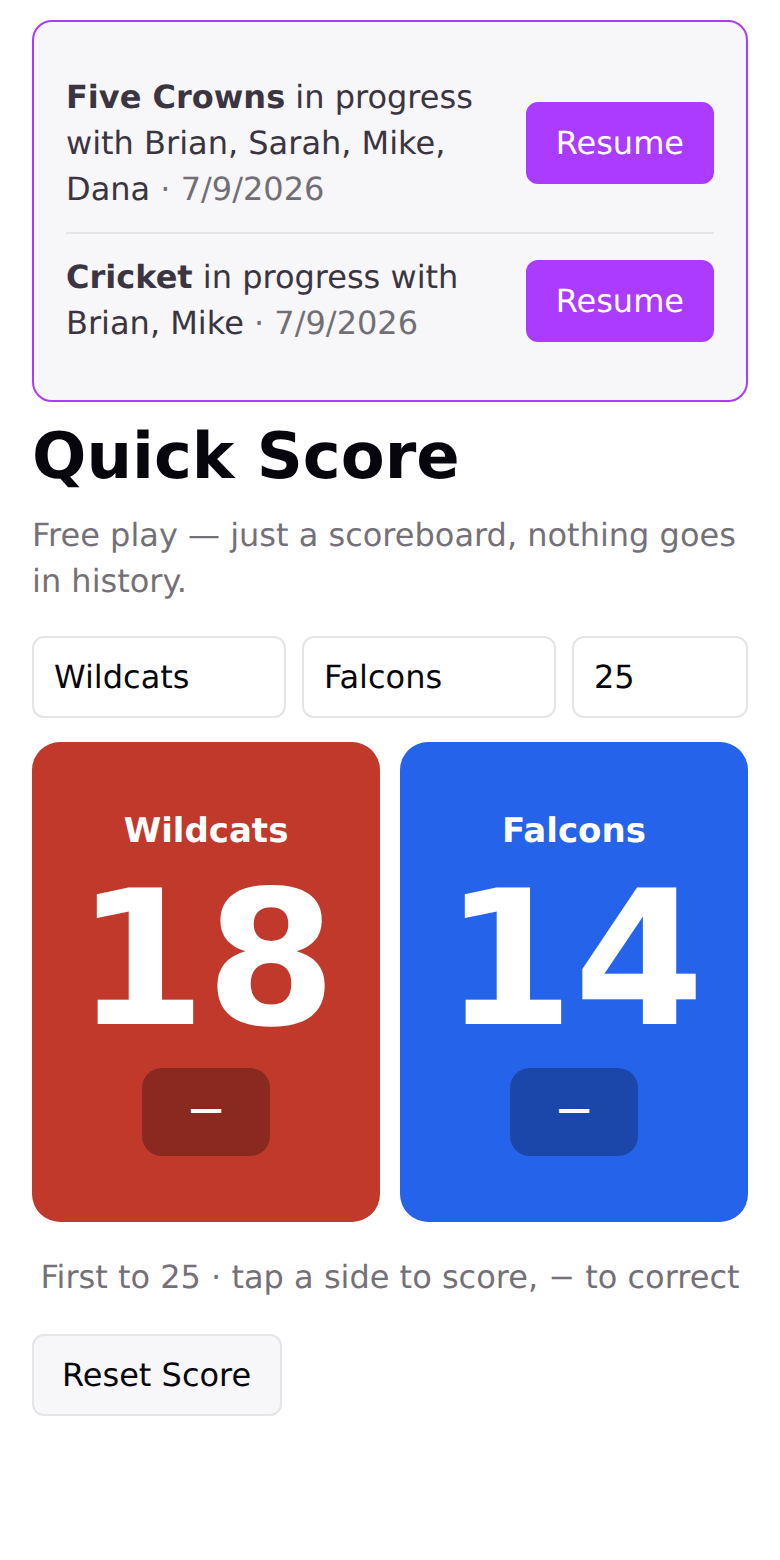 Quick Score big scoreboard showing Wildcats 18, Falcons 14